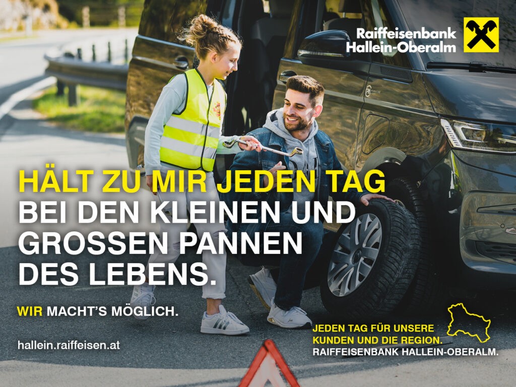 Sujet der Kampagne der Raiffeisenbank Hallein-Oberalm mit Sophie Stipek und Thomas Meyer beim Reifenwechseln eines VW T7 Multivan