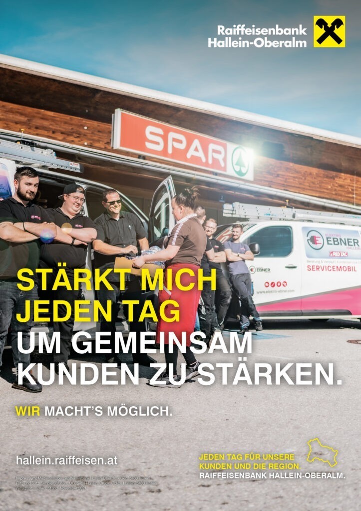 Sujet der Kampagne der Raiffeisenbank Hallein-Oberalm mit Eleketro Ebner bei Spar in Puch Urstein bei Leberkäsjause